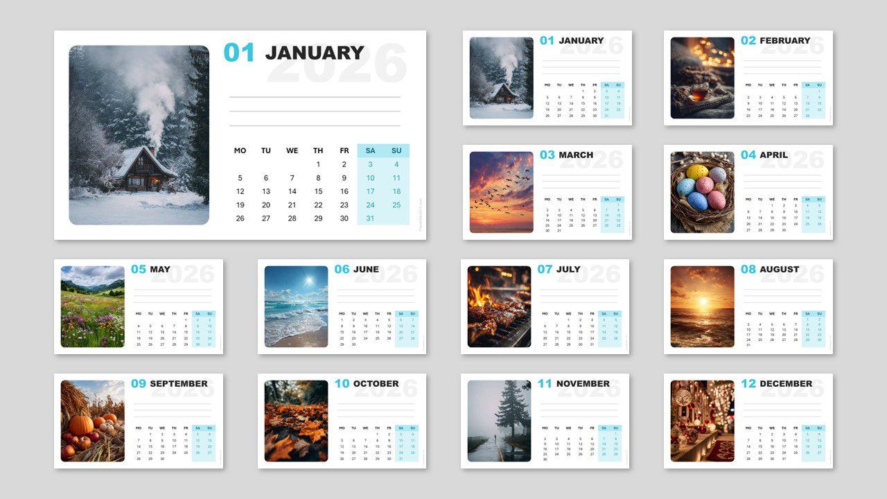 Clean 2026 photo calendar layout, week starting on Monday, editable in PowerPoint and Google Slides.