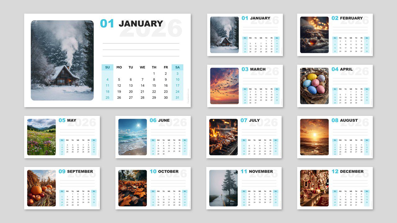 Modern 2026 calendar layout with editable monthly photo placeholders for PowerPoint and Google Slides.