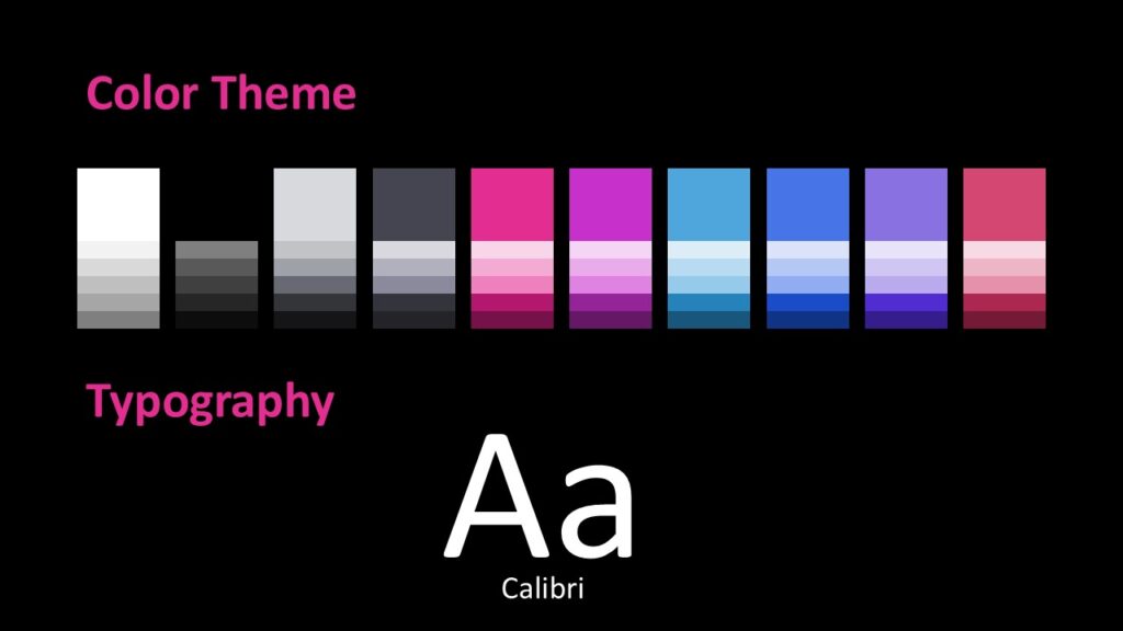 Neon Network PowerPoint and Google Slides Template – Colors and Fonts Color palette and typography guide for the Neon Network PowerPoint and Google Slides template showing gradients and Calibri font.