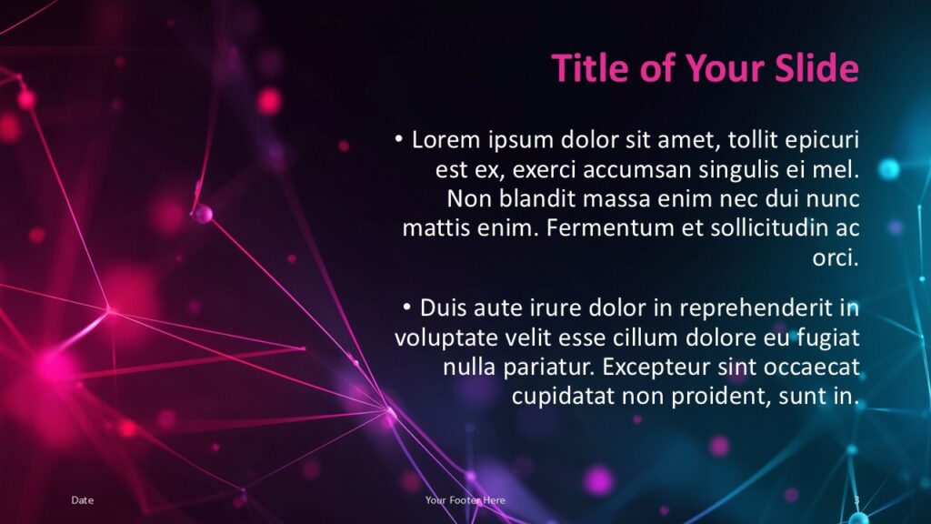 Neon Network PowerPoint and Google Slides Template – Content Slide 2 Second layout from the Neon Network PowerPoint and Google Slides template showing two-column format with glowing mesh background.