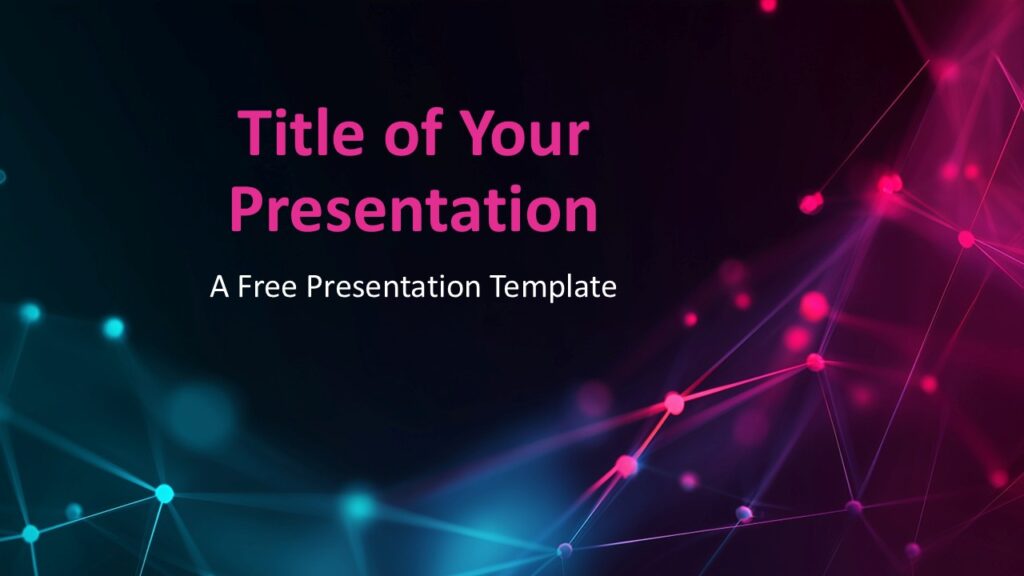 Neon Network PowerPoint and Google Slides Template – Cover Slide Title slide of the Neon Network PowerPoint and Google Slides template featuring futuristic pink and cyan light connections.