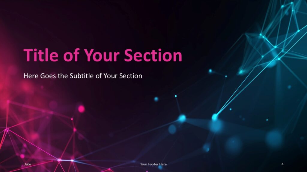 Neon Network PowerPoint and Google Slides Template – Section Divider 1 Section divider from the Neon Network PowerPoint and Google Slides design with cyan light accents on a dark gradient.