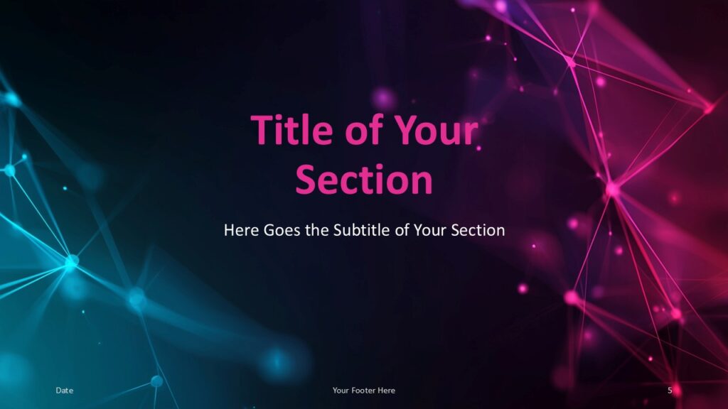 Neon Network PowerPoint and Google Slides Template – Section Divider 2 Alternate section divider from the Neon Network PowerPoint and Google Slides template with magenta highlights and tech background.