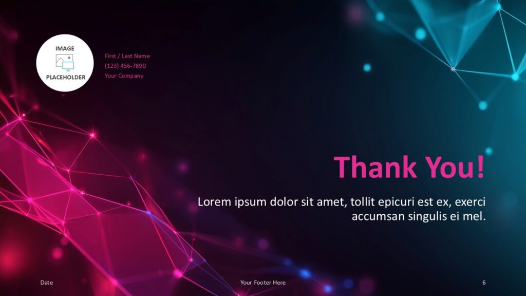 Neon Network PowerPoint and Google Slides Template – Thank You Slide Thank-you slide from the Neon Network PowerPoint and Google Slides presentation with contact info and glowing lines.