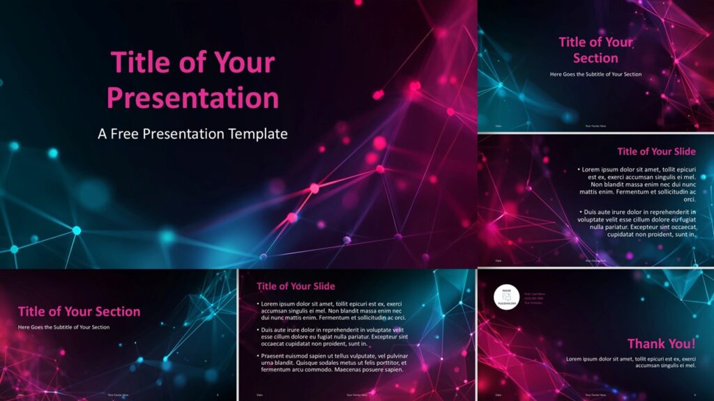 Widescreen view of the Neon Network PowerPoint and Google Slides theme with glowing blue and pink gradient background.