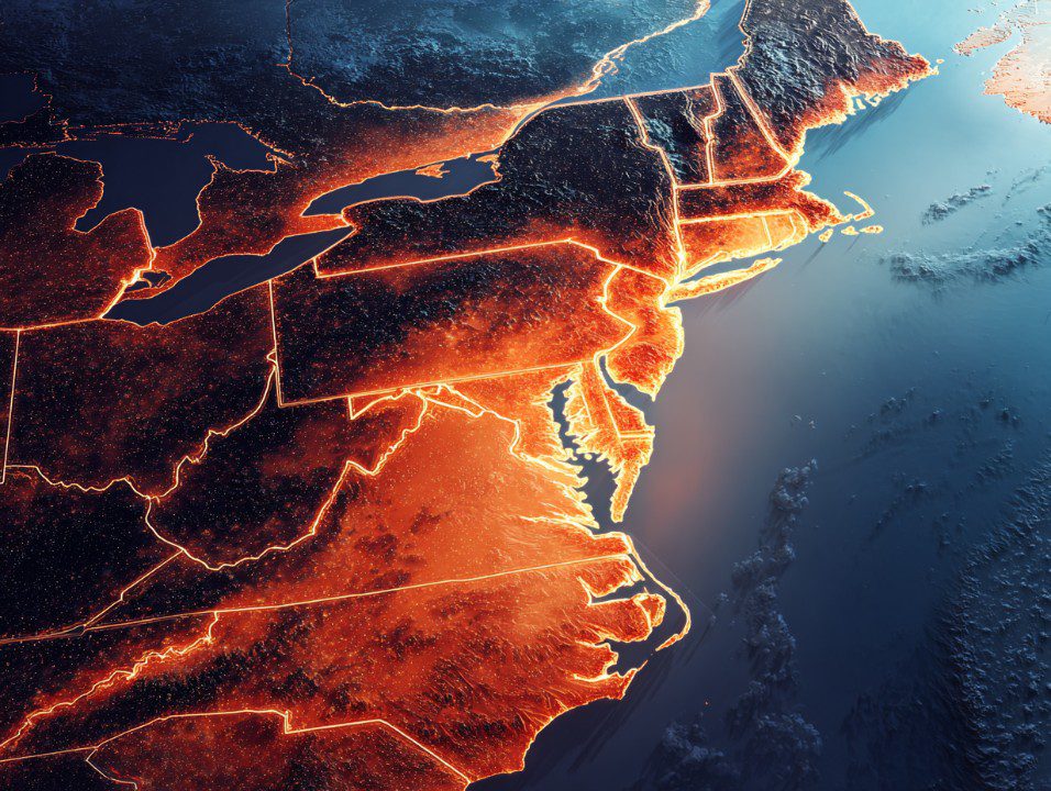 Digital glowing top-down map of the Northeastern United States showing states like New York, Pennsylvania, and Massachusetts with illuminated borders.