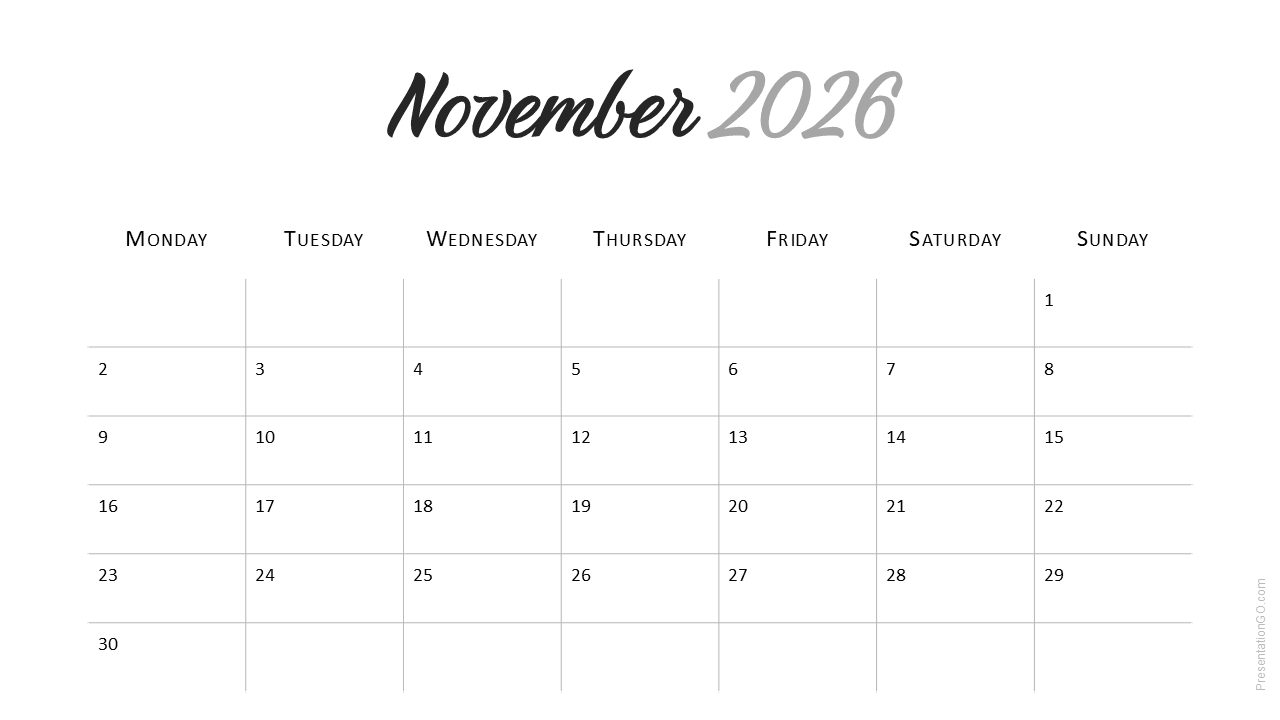 Minimalist November 2026 Calendar Monday Start 3 Minimal 2026 Calendar (Monday Start) for PowerPoint