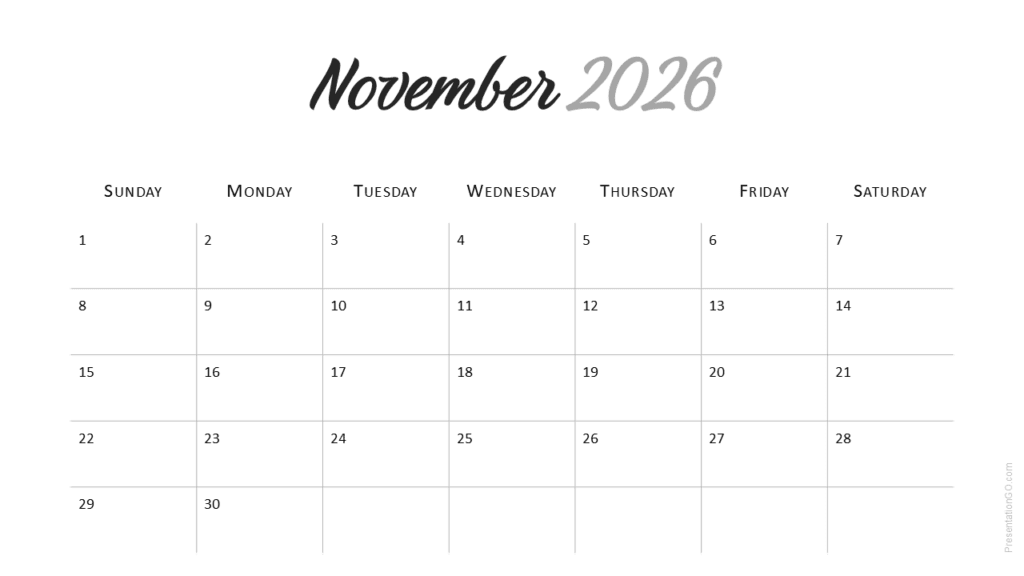 November 2026 Minimal Calendar (Sunday Start) November 2026 monthly layout from Minimal 2026 Calendar designed for PowerPoint and Google Slides.