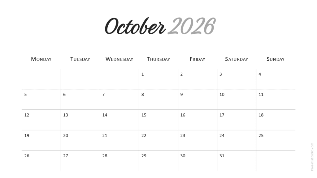 October 2026 Minimal 2026 Calendar slide, neat monthly planner for PowerPoint and Google Slides.