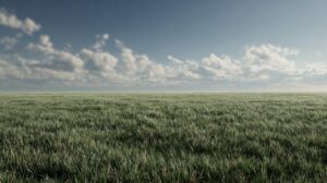 Wide open grassy field with short green-brown grass under a blue sky with scattered clouds.