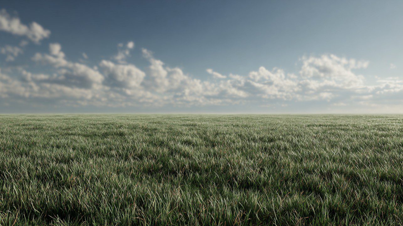 Wide open grassy field with short green-brown grass under a blue sky with scattered clouds.