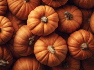 Top-down view of a heap of round orange pumpkins, symbolizing autumn harvest and Thanksgiving seasonal imagery.