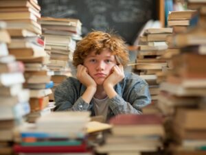 Overwhelmed student leaning on hands between piles of books, symbolizing academic stress, exam pressure, or study burnout.