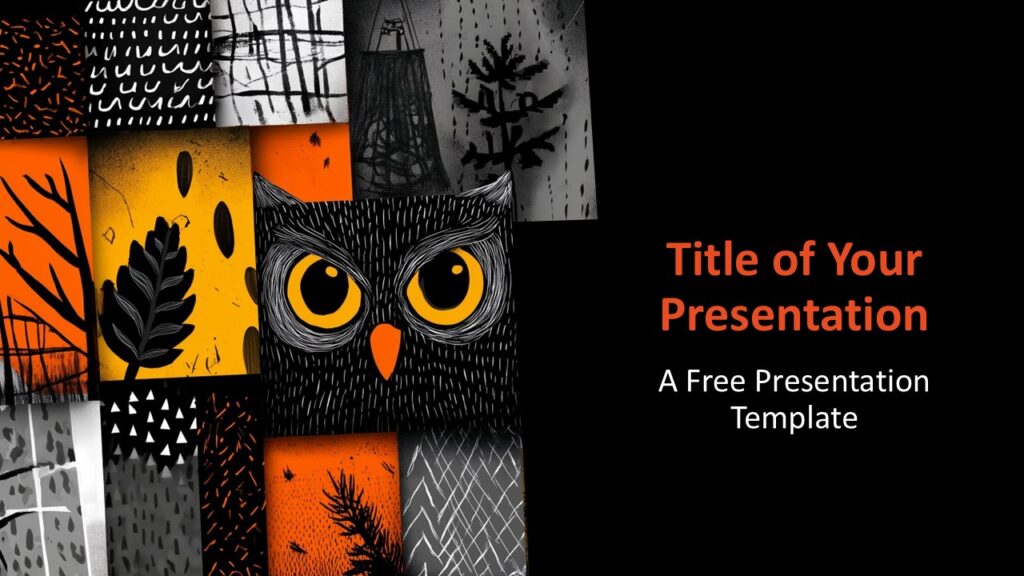 Owl Fall Collage Cover Slide for PowerPoint and Google Slides Cover slide of the Owl Fall Collage PowerPoint and Google Slides template featuring owl artwork and fall colors.