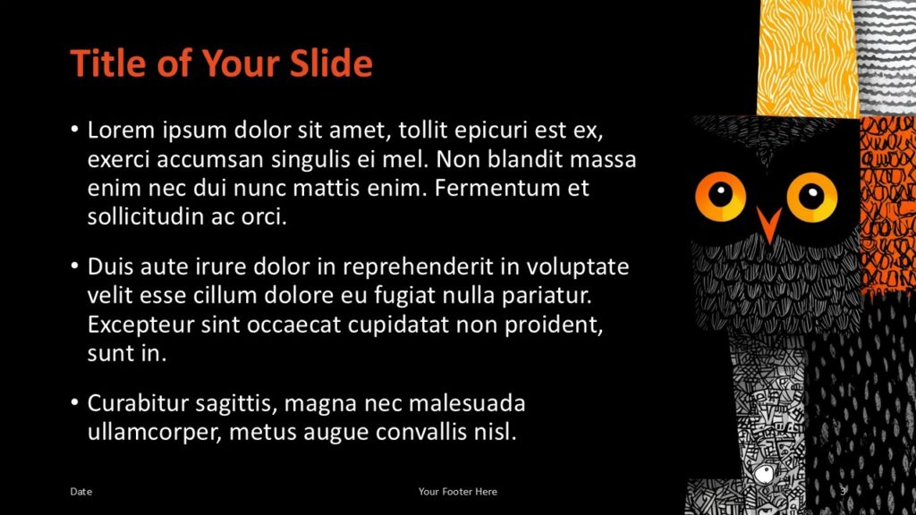 Owl Fall Collage Right Layout for PowerPoint and Google Slides Right-side collage artwork slide from the Owl Fall Collage PowerPoint and Google Slides template with minimalist black design.