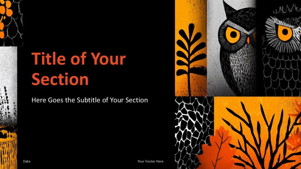 Owl Fall Collage Section Divider Left for PowerPoint and Google Slides Left divider slide from the Owl Fall Collage PowerPoint and Google Slides template with warm fall tones and bold title.
