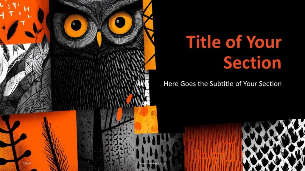 Owl Fall Collage Section Divider Right for PowerPoint and Google Slides Section divider featuring owl illustration on the right from the Owl Fall Collage PowerPoint and Google Slides template.