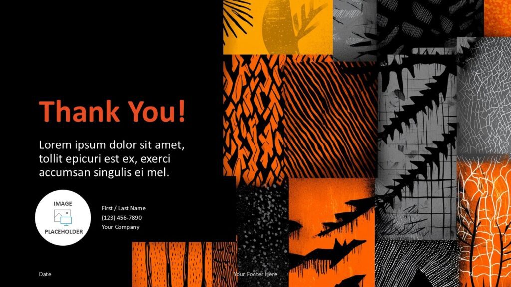 Owl Fall Collage Thank You Slide for PowerPoint and Google Slides Thank-you slide from the Owl Fall Collage PowerPoint and Google Slides template with orange text on dark textured background.