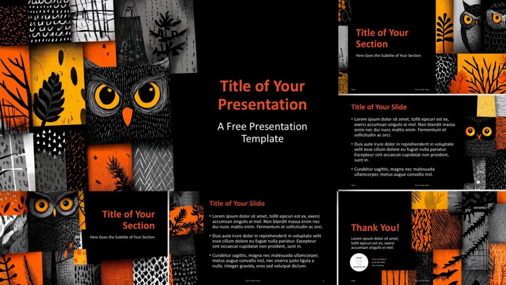 Widescreen preview of the Owl Fall Collage template for PowerPoint and Google Slides in black, orange, and gray tones.