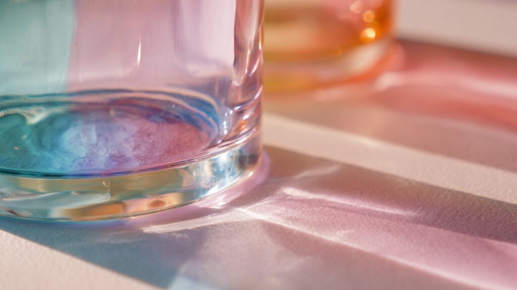 Close-up image of pastel-colored glass casting soft light and color reflections on a white surface.