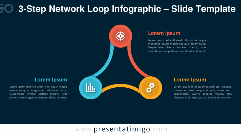 dark background 3-step PowerPoint infographic showing connected process