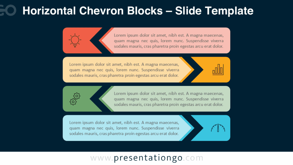 Dark Chevron Blocks Diagram Template for PowerPoint Slides Four-step chevron blocks diagram for PowerPoint with dark background