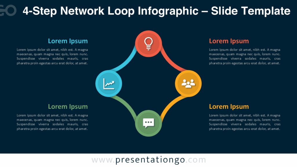 dark theme 4-step PowerPoint circular infographic for workflows