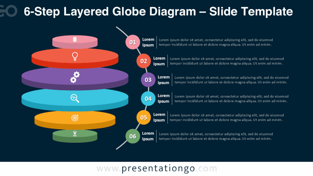 6-Step Layered Globe Diagram Dark Version for PowerPoint dark background 6-step layered globe diagram for PowerPoint slides