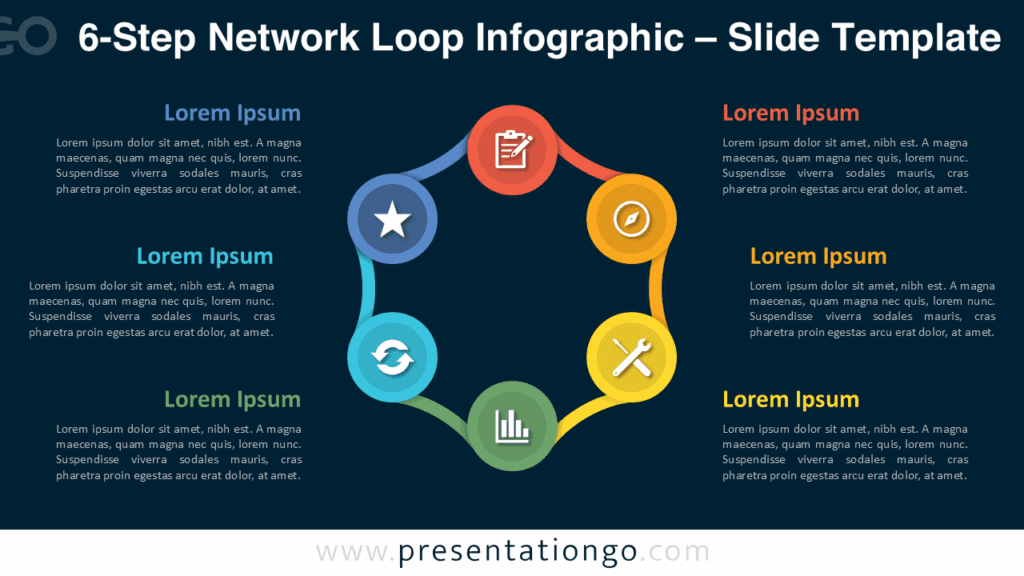 dark background 6-step circular PowerPoint infographic design