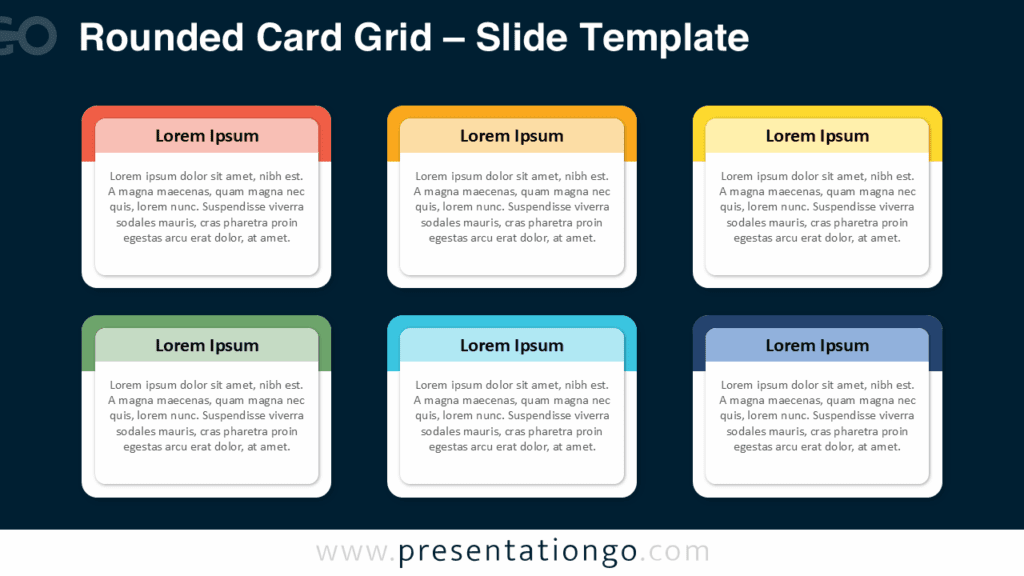Rounded Card Grid Dark Diagram for PowerPoint and Google Slides Dark background colorful 6-card grid diagram for PowerPoint and Google Slides