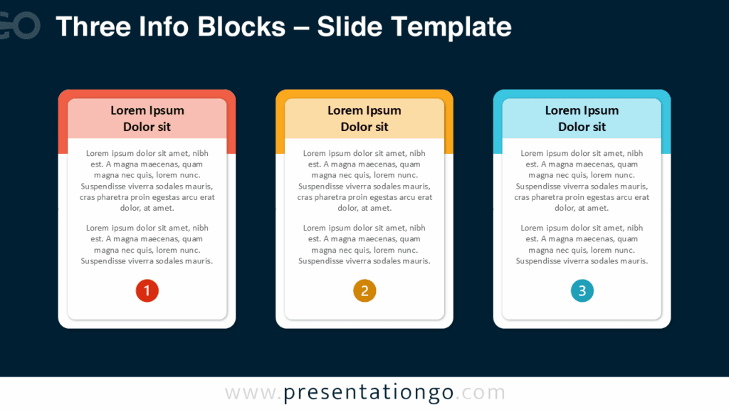 Dark Version – Three Info Blocks Diagram for PowerPoint Three colored info cards on dark background PowerPoint diagram layout