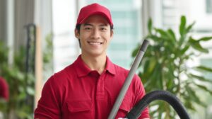 Young man in red uniform smiling while holding vacuum equipment, representing professional cleaning services in a modern indoor space.