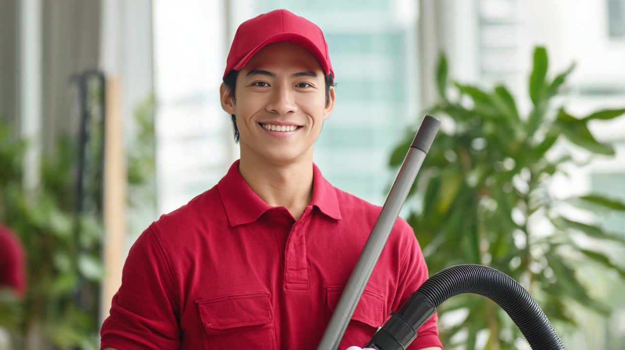 Young man in red uniform smiling while holding vacuum equipment, representing professional cleaning services in a modern indoor space.