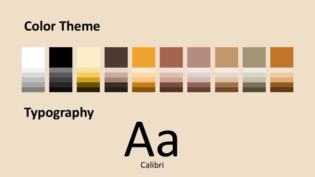 Ravens and Skulls Color Palette and Fonts Preview Slide presenting the Ravens and Skulls font and color scheme with warm orange, beige, brown, and charcoal tones for consistency.