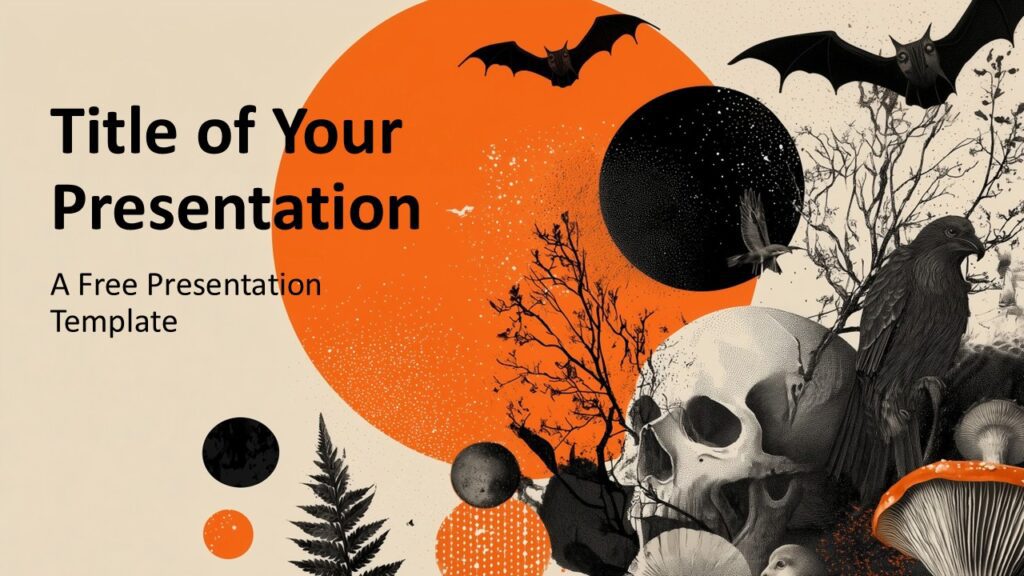 Ravens and Skulls Cover Slide for PowerPoint & Google Slides Cover slide with ravens, skulls, and orange circular gradient, featuring centered title text and a mysterious Halloween tone.