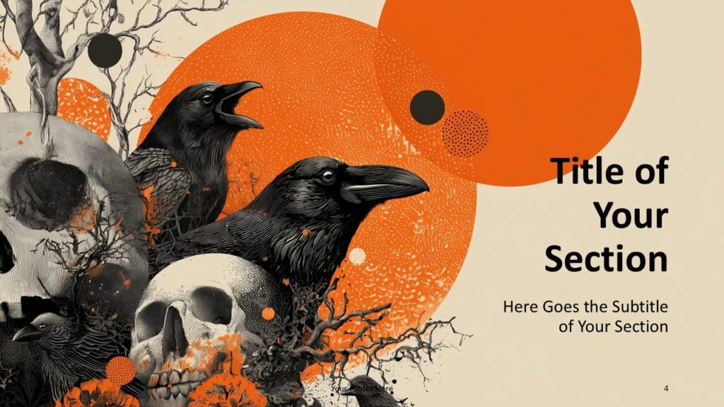 Ravens and Skulls Section Slide 1 for PowerPoint & Google Slides Section divider slide showing bold ravens and skulls with orange circle accents used for stylish chapter transitions.