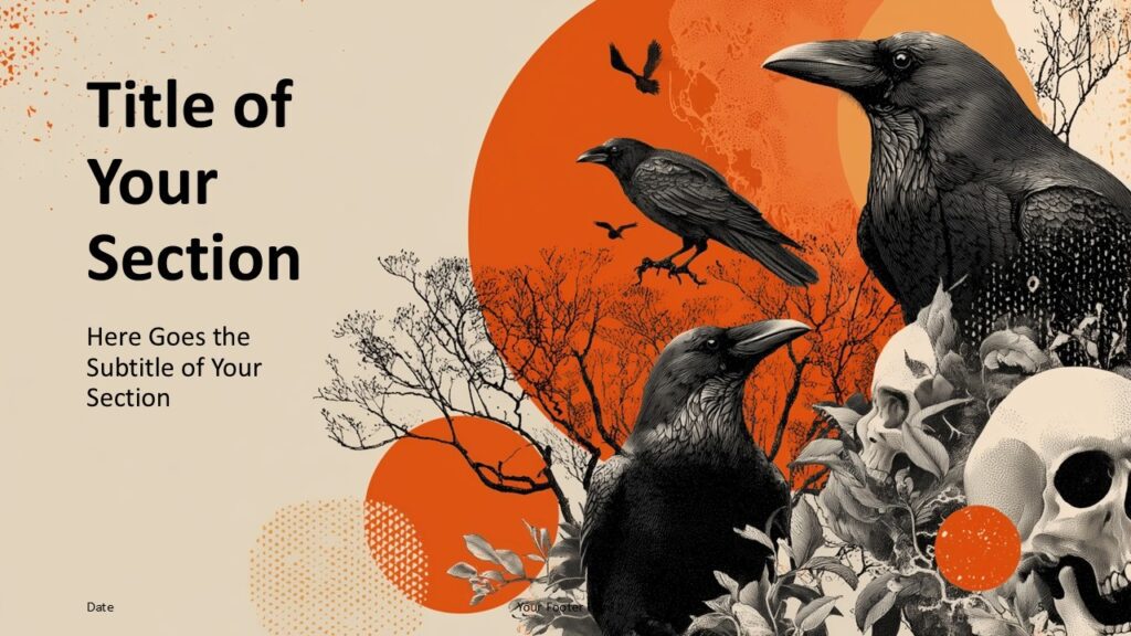Ravens and Skulls Section Slide 2 for PowerPoint & Google Slides Second section slide featuring flying ravens and reversed composition with text on left, adding motion and visual rhythm.
