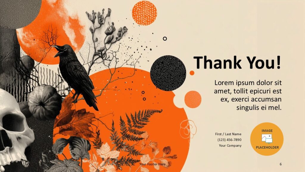 Ravens and Skulls Thank You Slide for PowerPoint & Google Slides Closing slide with pumpkins, skulls, and ravens on orange-beige background, designed for contact details or final message.