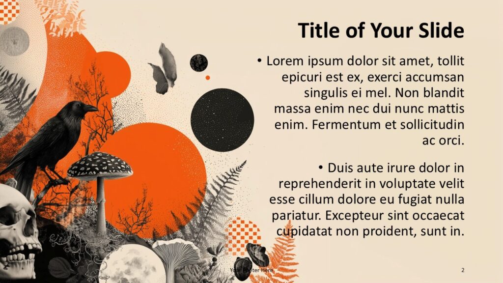 Ravens and Skulls Title and Content Slide 1 for PowerPoint & Google Slides Content slide with raven illustration on left and text area on right, blending gothic textures with balanced beige background.