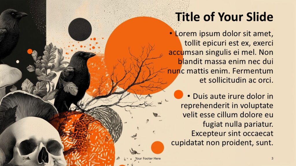 Ravens and Skulls Title and Content Slide 2 for PowerPoint & Google Slides Variation featuring darker skull and raven artwork on left and clean text layout on right, ideal for secondary topics.