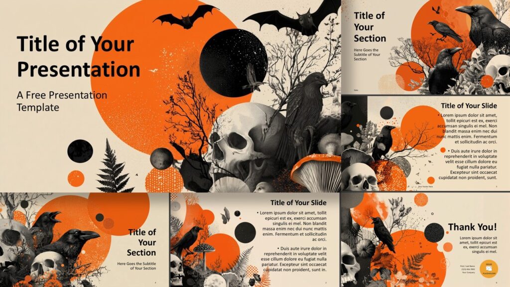 Complete widescreen layout of the Ravens and Skulls Template showing consistent gothic illustrations and moody fall color palette.