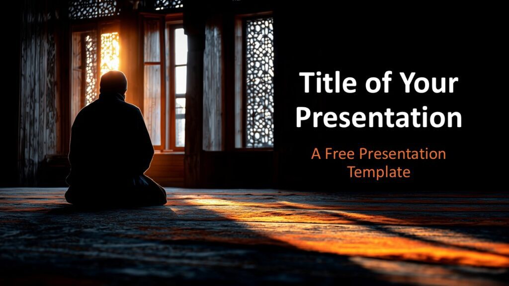 Rays of Faith Cover Slide for PowerPoint & Google Slides Cover slide showing a praying silhouette illuminated by sunrise through ornate windows, symbolizing peace and reflection.
