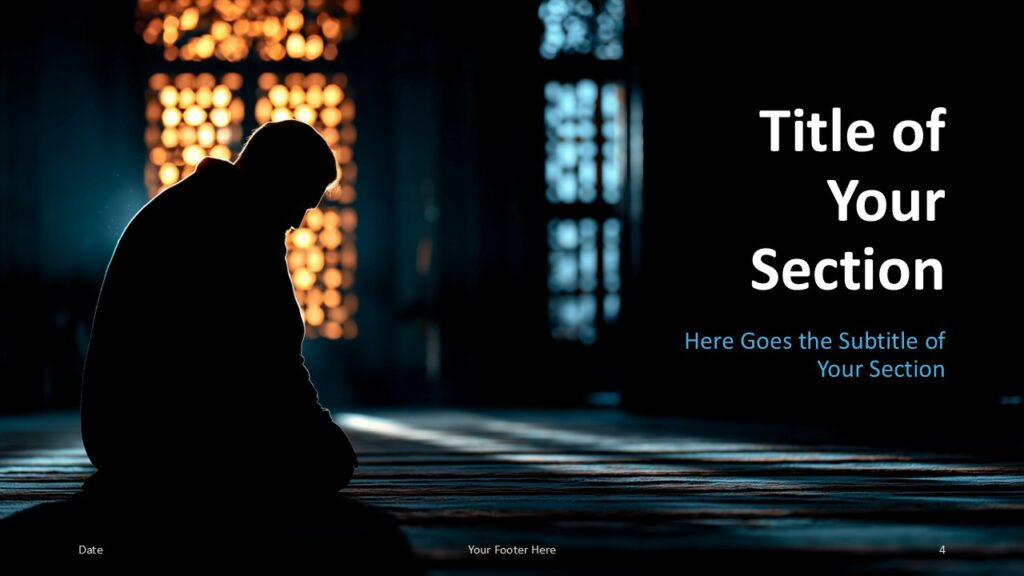 Rays of Faith Section Slide 1 for PowerPoint & Google Slides Section divider slide with soft gradient lighting and silhouette figure, marking a calm transition between presentation topics.