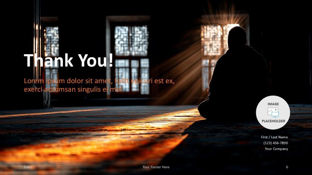Rays of Faith Thank You Slide for PowerPoint & Google Slides Final slide showing bright sunlight across patterned walls with text area for contact details, expressing gratitude and closure.