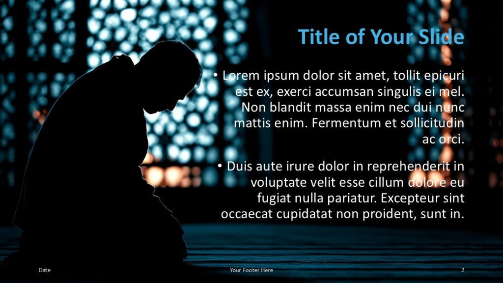 Rays of Faith Title and Content Slide 1 for PowerPoint & Google Slides Slide layout featuring a left-side silhouette with text boxes on the right, warm gold hues, and soft ambient light for spiritual topics.