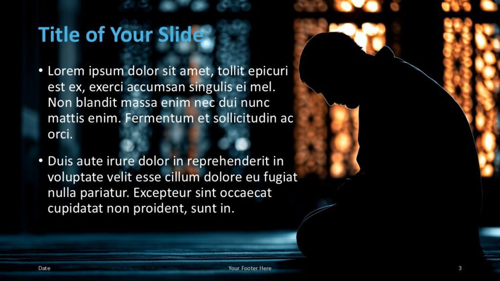 Rays of Faith Title and Content Slide 2 for PowerPoint & Google Slides Alternate content slide with mirrored layout, right-side figure, and radiant orange light creating balance and harmony across the presentation.