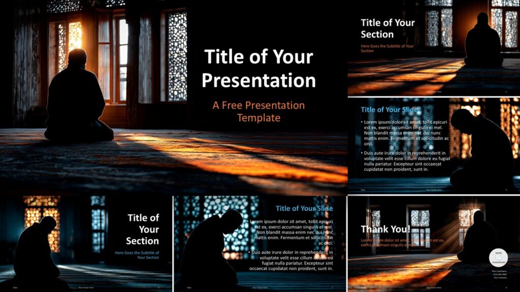 Widescreen preview of the Rays of Faith PowerPoint and Google Slides template featuring soft lighting, reflective mood, and balanced slide layouts.