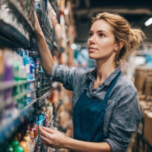 Woman wearing a denim shirt and blue apron restocking colorful products on a store shelf in a retail environment.