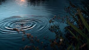 Gentle ripple forming on a calm pond with reflections and plant silhouettes at dusk, evoking peace and stillness.