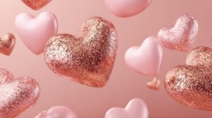 Floating rose gold and pink glitter hearts on a pastel background, symbolizing love, romance, and Valentine’s Day celebration.